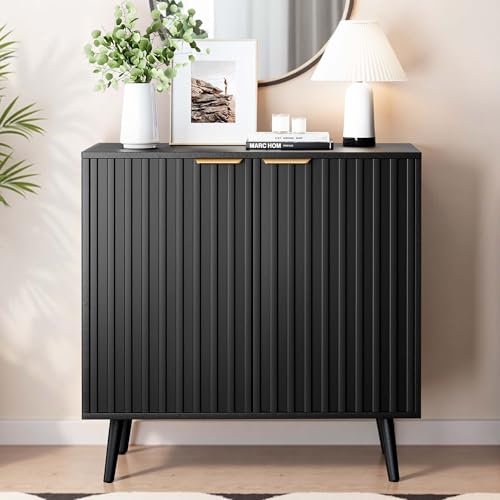 Fluted Storage Cabinet, Buffet Cabinet with Storage, Wood Sideboard with Adjustable Shelf, Modern Accent Cabinet & Console Table for Entryway, Living Room, Dining Room, Black - color: Black丨fluted Panel, size: 1 Piece
