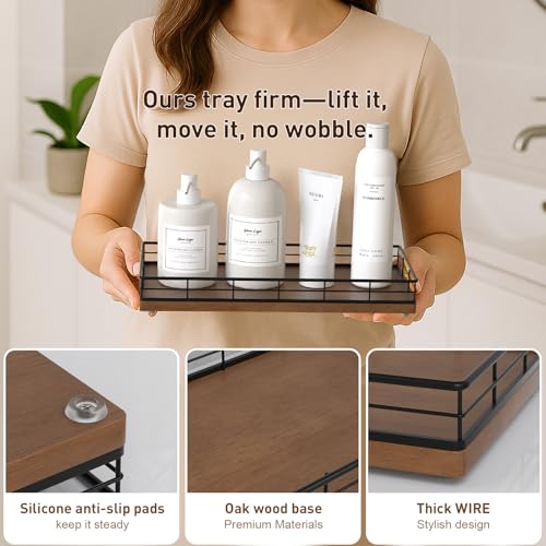 Toilet Paper Basket Organizer – Oak Wood Toilet Tank Tray with Metal Frame, Bathroom Counter Top Storage for Toilet Paper, Wipes & Decor, Modern Narrow Back of Tank Shelf Organizer, Black & Brown - color: Black & Brown, size: 13" x 6.5" x 2"