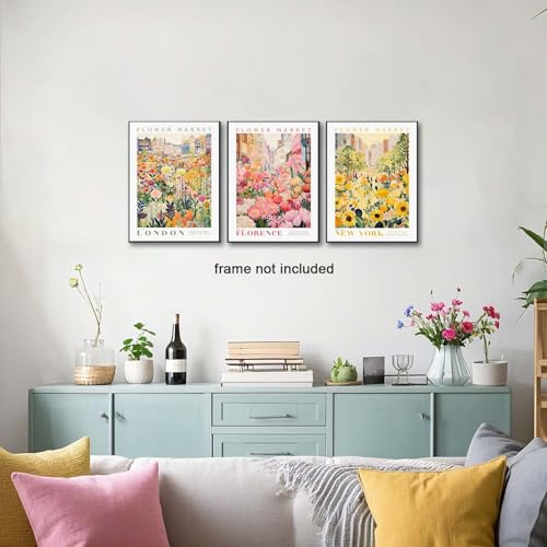 XLARTMY Flower Market Wall Art Print Canvas Yellow Pink Floral Paintings Colorful Botanical Sunflower Artwork Travel Poster for Decor Picture 3 pieces for Living Room Bedroom Bathroom 12x16in Unframed - color: Flower Market-2, size: 12x16in Poster