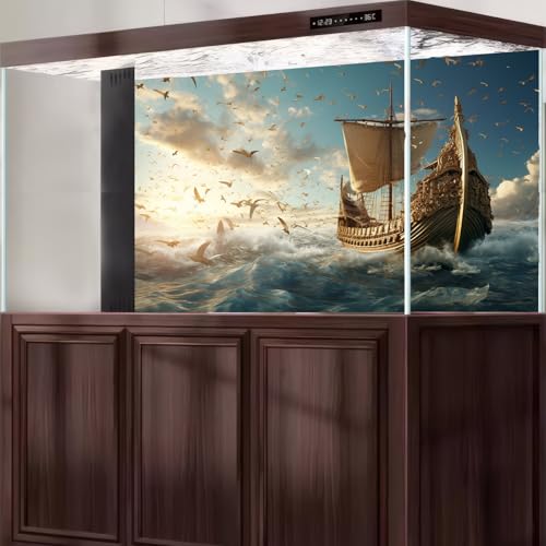 Sailing Ship Aquarium Background Splendid Surfy Ocean Flying Seagulls Fish Tank Background Majestic Golden Pirate Ship Terrarium Backgrounds Deep Seascape Blue Sky Reptile Tank Backgrounds 24x12in - color: Dark Blue, size: 24(W)x12(H)in