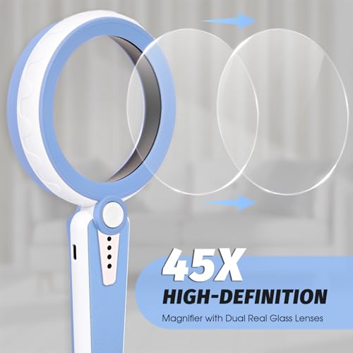 45X Magnifying Glass with Light, Rechargeable LED Magnifier, 6 Color Modes, 4.6" Large Lens, Handheld for Seniors Reading, Coins, Jewelry, Crafts