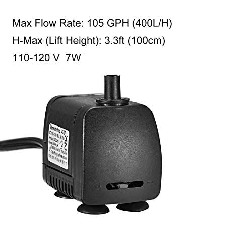 uxcell 105 GPH (400L/H, 7W, 110-120V) Submersible Water Pump US Plug for Pond, Fish Tank Fountain Water Pump Hydroponics with 4.9ft (1.5M) Power Cord