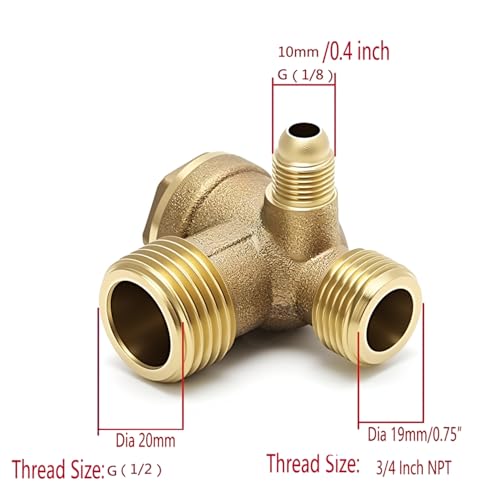 Brass 3-Port 90-Degree Right Male Threaded Air Compressor Check Valve (1/8"x1/2"x3/4) - Air Compressor Parts - size: 1/8"x1/2"x3/4