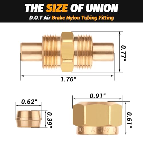 DOT Air Brake Line Fittings Connector for Nylon Tubing 1/2", Brass Air Compression Nylon Hose Fitting with D.O.T Approved for Trucks Trailers and Industrial Repair(Pack 2) - color: Redesigned Air Brake Fitting, size: 1/2" Od