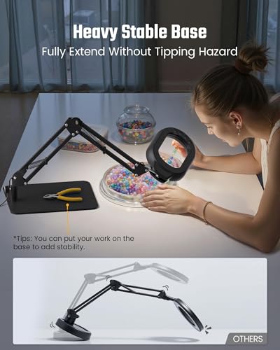 Magnifying Desk Lamp, 10X Square Magnifying Glass with Light and Stand, Dimmable LED Magnifier Lamp with Clamp and Base, Adjustable Swing Arm Light for Close Work, Reading, Crafting, Black