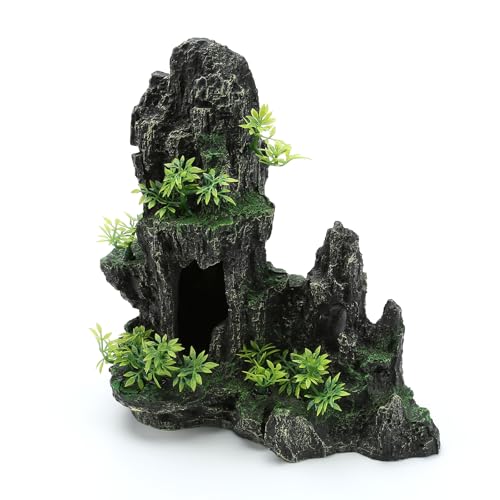 Aquarium Decorations Large Mountain View Stone Ornaments, Fish Tank Decorations Extra Large and Tall Aquarium Decor for Fish Tank Hideout Tree House Rock Cave for Small Fish Betta Hideaway Cave
