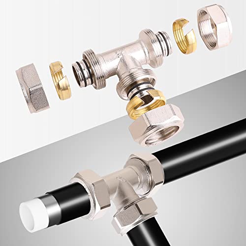 2PCS 3/4’’ Tee Air Piping Fittings, 3/4’’ Tubing x 3/4’’ Tubing x 3/4’’ Tubing, Brass-Nickel Plated, 200PSI Working Pressure, Air Line Fittings for Shop Garage Compressed Air Tube System
