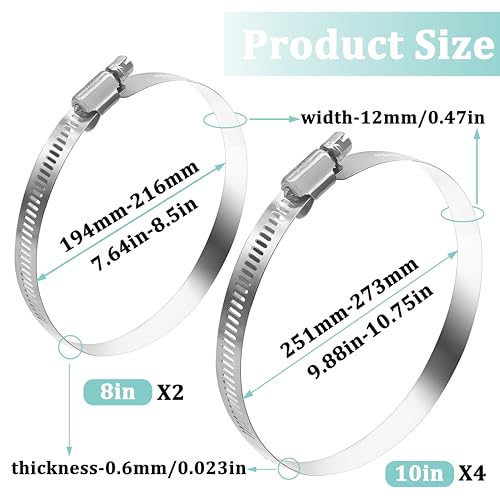 Dianrui 6PCS 10inch/ 8inch Hose Clamps Stainless Steel 304 Duct Clamps Dry Vent Clamp Air Ducting Clamps Worm Hose Clamp for Plumbing, Automotive And Mechanical (192-273mm) - size: 10in+8in