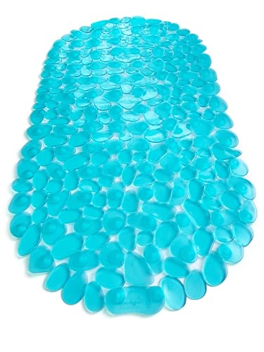 “Pebbles” Non-Slip Bathtub & Shower Mat 27”x14” Oval - Non-Toxic - Safe, Clean, Machine-Washable, Superior Grip & Drainage, Vinyl, for Smooth Floors ONLY, Transparent Turquoise - color: Transparent Turquoise (Green-blue), size: 27" x 14" (Oval)