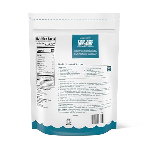 Amazon Grocery, Extra Large Raw Shrimp, Tail On, Peeled & Deveined, 16 Oz, Frozen