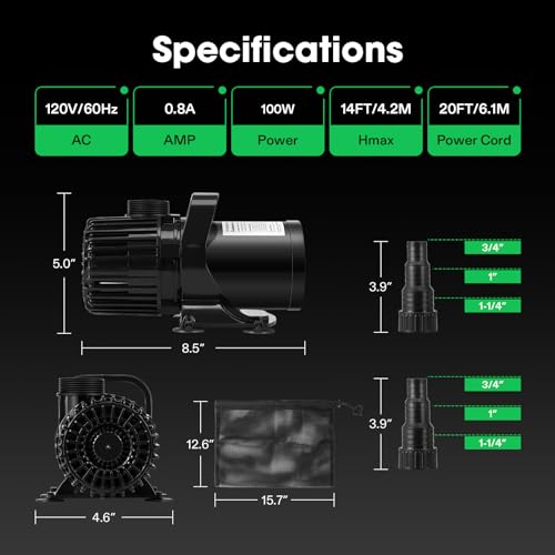 VIVOSUN 1600 GPH Submersible Water Pump with Barrier Bag, 100W Pond Pump, Ultra Quiet Aquarium Pump with 14FT. Lift Height for Pond, Waterfall, Fish Tank, Statuary, Hydroponic