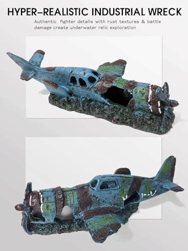 Fighter Vintage Airplane Ruins – Hiding Place for Betta,Shrimp,Goldfish & Reptiles,Submarine Landscape Shelter Cave Hideouts Aquarium Accessories Small Fish Tank Decor for 2-10 Gallon Tank