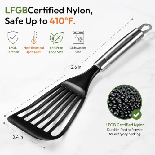 KSENDALO 2 Thin Flexible Nylon Fish Spatula Set for Nonstick Cookware Fish Spatula Egg Flipper Hollow Steel Handle, LFGB Certified Nylon Thin Blade Sturdy Hollow Handle Dishwasher Safe- Silver/Black - size: Medium (2 Pack)
