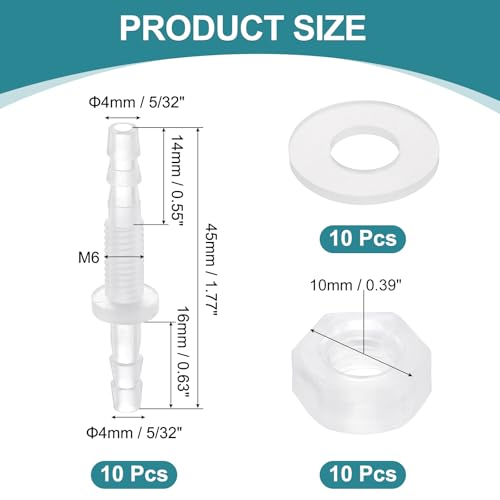 uxcell 10Pcs Plastic Hose Barb Fitting, 5/32" x 5/32" Bulkhead Adapter Union Splicer Mender Pipe Connector with M6 Nut and Washer for Aquarium Air Water Fuel - size: 5/32" x 5/32", M6 Nut