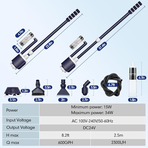 AQQA Fish Tank Cleaner,DC 34W/600GPH Adjustable Water Flow Aquarium Gravel Vacuum,Multi-Filtration Purifies Water Electric Cleaning Kit for Water Change Water Circulation Wash Sand Gravel 110V-240V
