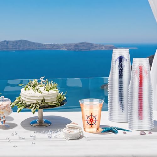 Qinyoung 100 Pcs Nautical Disposable Plastic Cups 12 oz Anchor Theme Blue Clear Party Cups Cold Beverage Drinking Container for Nautical Ocean Theme Birthday Party Supplies - style: Nautical