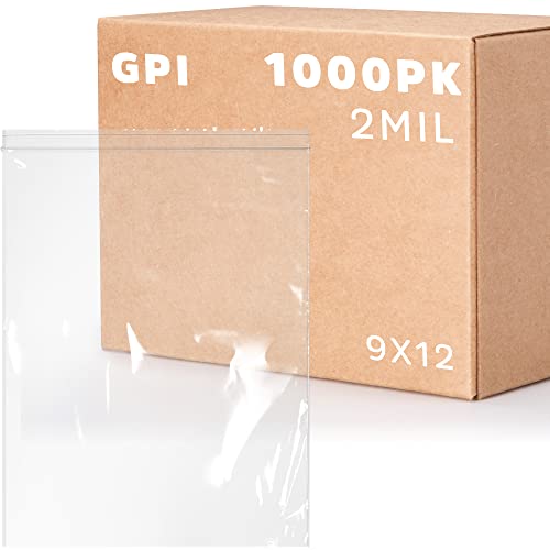GPI - 9" x 12" Zip Bags, 1000 Count, 2 Mil, Clear Plastic Reclosable Zipper Poly Baggies, with Resealable Lock Seal. for A4 Letter Size Paper, Apparel, Clothing, Food, Home & Office Supplies. - size: 9" x 12"
