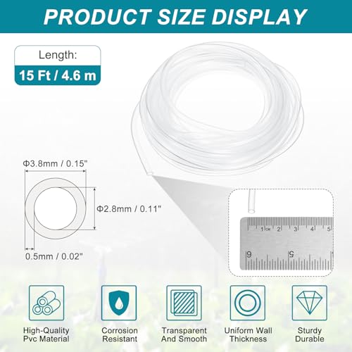 uxcell Clear PVC Tubing, 2.8mm ID x 3.8mm OD - 15ft PVC Tube Lightweight Vinyl Hose, Transparent Flexible Plastic Water Tubing for Air Oil Water Transfer Aquarium Irrigation - size: 2.8mm ID x 3.8mm OD