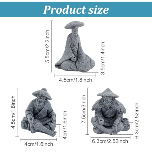 WEBEEDY 3 Styles Mini Fisherman Figurine Old Man Statues Zen Decoration,Chinese Sitting Fishing Sandstone Vintage Ornament for Aquarium Fish Tank Fairy Zen Garden Micro Landscape Flower Pot Decor