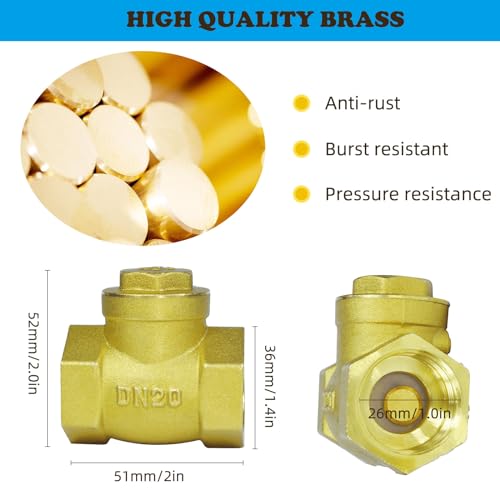 3/4" NPT Swing Brass Check Valve DN20 - Female Thread Horizontal One Way Valve for Oil, Water, Fuel, Gas, Air - Prevents Backflow for Sump Pump and Air Compressor - size: 3/4inch（DN20）