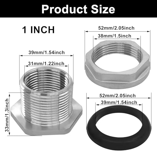 Murtenze 1" Bulkhead Water Tank Connector, Stainless Steel Water Tank Fitting Thru-bulk Adapter, Water Pipe Connector for Rain Barrels/Aquariums/Water Tanks - size: 1 Inch