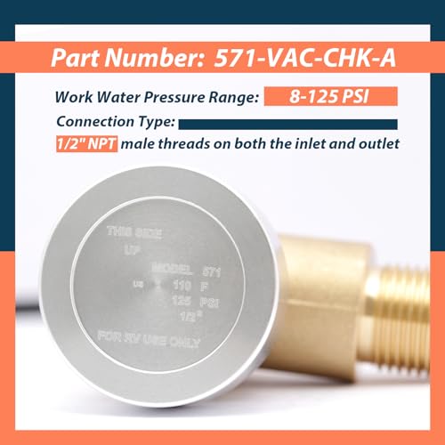 Upgraded Brass RV Vacuum Breaker Check Valve, 571-VAC-CHK-A Camper Trailer Flusher Check Valve fit for b&b Model 571 Check valve Replace Leaking Vacuum Breaker on Black Tank System 1/2 DN Male