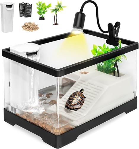 XLarge Turtle Tank Kit,All in One Red Eared Slider Aquarium,Turtle Starter Aquatic,Multi-Function Area Habitat,Includes Silent Filter,Filter Plates,UVB Lamp,Bulb,Plants,Stone,Basking Platform - size: XLarge(19.7*9.5*9.5inch)