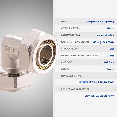 2PC 3/4’’ Elbow Air Piping Fittings, Brass-Nickel Plated, 200PSI, Air Fittings For Shop Garage Compressed Air line System Kit
