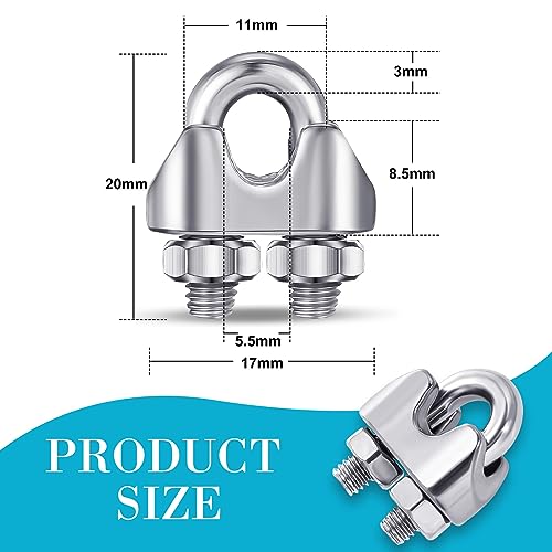 Blulu 50 Pcs 1/8 Inches M3 Stainless Steel Wire Rope Cable Clip Clamp 304 Stainless Steel Wire Rope Clamp Clip Wire Cable Clamp Wire Rope Clips U Bolt Saddle Fastener