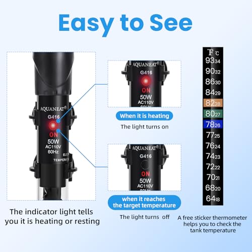 AQUANEAT Aquarium Heater, 50W Fish Tank Heater, Adjustable Submersible Water Thermostat with Thermometer - size: 50W