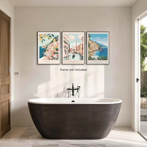 XLARTMY Italy Amalfi Coast Travel Posters Wall Art Canvas Decor City Landscape Blue Venice Coast Painting Beach Modern Artwork for Living Room Bedroom Bathroom Office Set of 3 16x24in Unframed - color: Travel Coast, size: 16x24in Poster