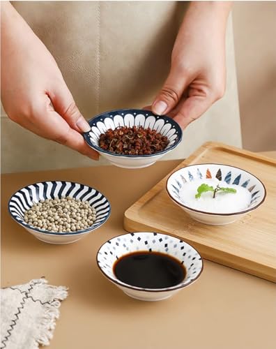 4 Pack 3 oz Cute Japanese Soy Sauce Dish Small Dipping Sauce Bowls Ceramic Sushi Dipping Bowls for Sushi,Side Dish,Ketchup,Dips,Condiment,Snack,BBQ Party - color: Navy Blue