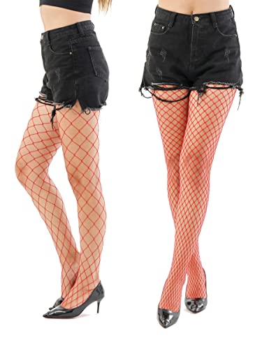 EVERSWE High Waist Fishnet Tights, Thigh High Suspender Stockings - color: Red (Large Grid+medium), size: Small-Medium