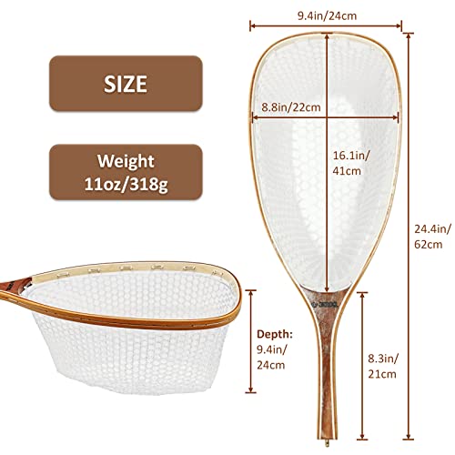 Fly Fishing Net Trout Net with Magnetic Release and Rod Holder Wooden Frame Landing Net with Soft Rubber Mesh for Catch and Release (Clear Small Holes)