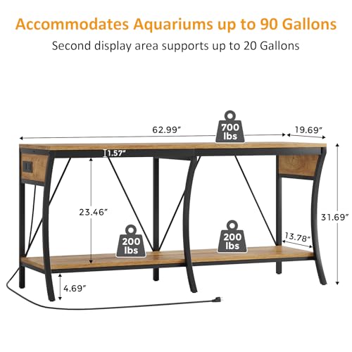 55-90 Gallon Fish Tank Stand with Power Outlets, 2-Tier Aquarium Stand with LED Light Strip & Open Storage Shelves, Heavy Duty Metal Table for Reptile Tank, 1100 LBS Capacity, Light Brown and Black - color: Light Brown and Black