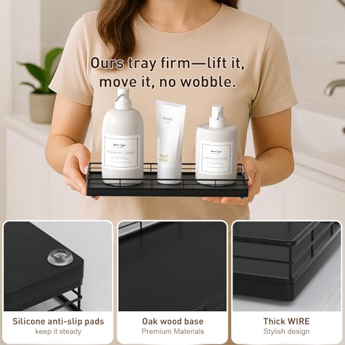 Bathroom Tray for Counter Top Organizer – Oak Wood Vanity Tray with Metal Frame for Dresser, Kitchen, Nightstand – Black Decorative Storage - color: Black, size: 11" x 4.5" x 1.5"