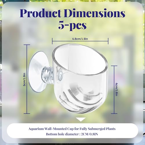 5 Pieces Clear Aquarium Plant Holder with Suction Cup, Acrylic Aquatic Fish Tank Plant Holder Pot, Transparent Hanging Aquarium Planter Cup Fish Shrimp Feeder for Aquascape Decoration