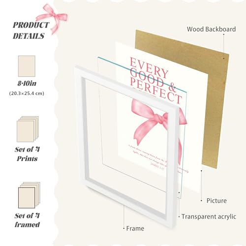 LARTSFRO Coquette Pink Bow Wall Art Decor Posters, Pink Bow Room Bedroom Bathroom Dorm Wall Art Decor Aesthetic for College Teen Girls Gifts, Inspirational Bible Verses Bow Wall Decor, 10x8 Inch Set of 4 Pcs Bow Pictures (WHITE FRAMED) - color: White-Fram