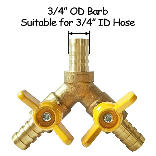 Uenede Brass 3/4 Inch 3-way Y-shaped Shut-off Ball Valve with 2-switch 3/4" Hose Barb Include 3 Stainless Steel Clamps Hose Pipe Barb Fitting for Water/Oil/Gas - size: 3/4"-1PCS