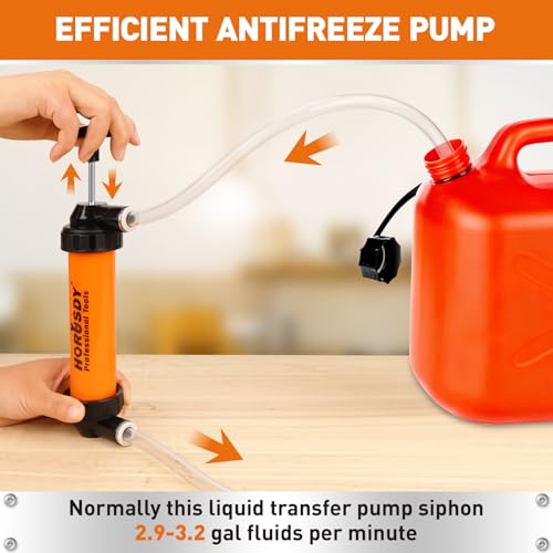 HORUSDY Multi-Use Siphon Transfer Pump Kit Hand Fuel Pumps for Gas Oil Water with Air Hose, Portable Manual Fuel Transfer Pump for Boat, Car, RV, Emergency, Lawn Mower Fluid Drainage - style: Orange(New model)