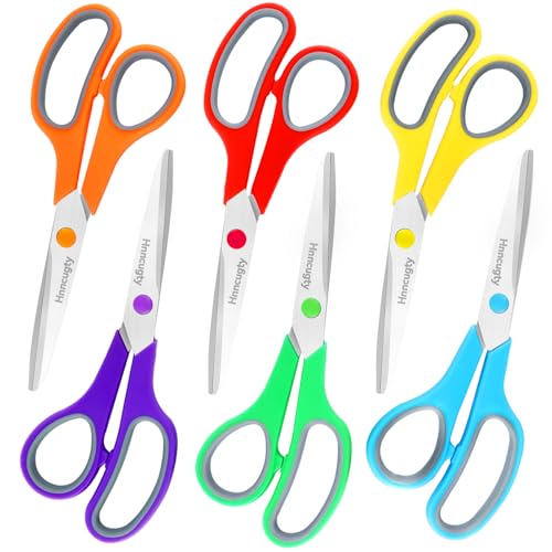 Scissors, Hnncugty 8" Scissors All Purpose Bulk Set of 6-Pack, Sharp Shears for Office Home Craft Sewing Fabric, High/Middle School Supplies Student Teacher Supplies, Comfort Grip Right/Left Handed - color: 6 Pack Multicolor