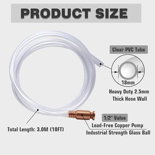 TTFLEX 10 FT Shaker Siphon Hose with 1/2'' Copper Valve, Syphon Hose for Gasoline, Oil, Diesel, Fuel, Water, Liquid Self Priming Shaker Siphon Hand Pump Tube - size: 10 FT