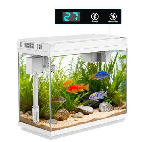 Smart Aquarium Fish Tank with Silent Water Pump, 2.4 Gallon Small Aquarium with Quick Start Kit, Temperature Display, Humidifier and RGB Lights, Perfect for Home, Office, and Decor, White - color: 2.4 Gallon-White