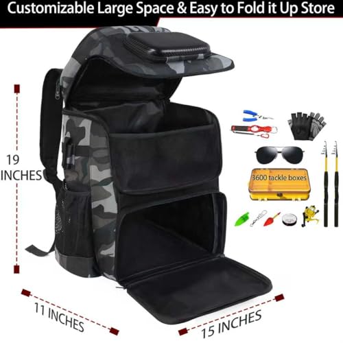 Fishing Backpack with Rod Holder, Large 50L Tackle Bag Water Resistant Tackle Backpack Heavy Duty Fishing Bag Gift for Men Woman - color: Camo Gray without Tackle Boxes or Fishing Tools