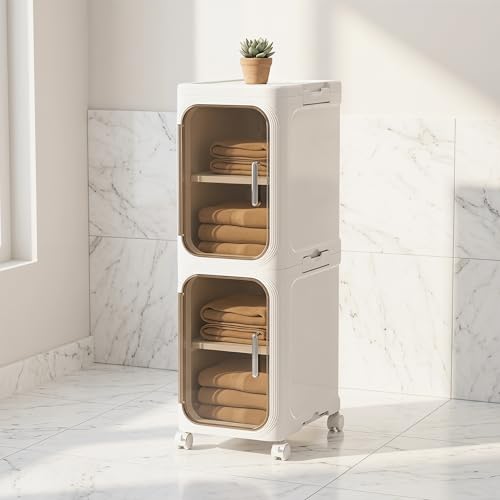 KHNR 2-Tiers Slim Bathroom Storage Cabinet, Foldable Storage Cabinets,Narrow Bathroom Storage,Movable Bathroom Storage Organizer for Small Spaces,Bathroom,Kitchen,Laundry,Cream White - color: Cream White, size: 2-Tiers