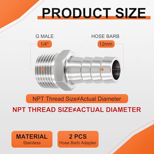 2 Pack Stainless Steel Hose Barb to g Male Adapter, 12mm Barb x 1/4" g Male for Industrial, Automotive, Fluid Transfer, Home Gardening, and Water Treatment - size: 12mm Barb To 1/4" G Male