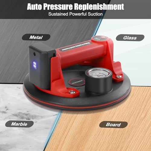 DEWINNER 8" Electric Vacuum Suction Cup with Pressure Gauge,Heavy Duty Glass Lifter,Industrial Strength Suction Cup,Auto Start Pump for Glass,Granite,Tile,Metal,300KG/660LBS Load Capacity - color: Red2 with 2 batteries