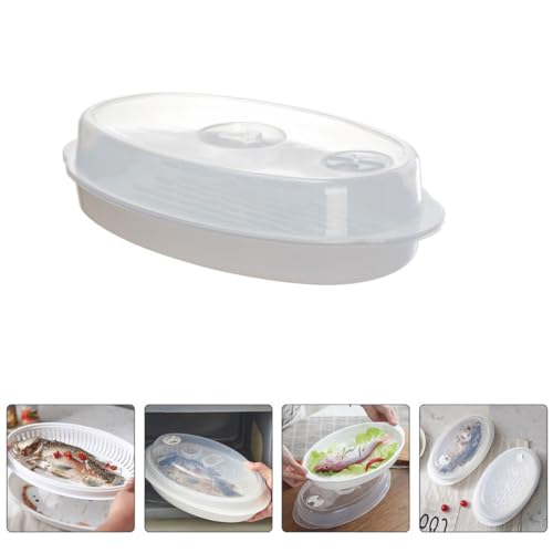 BESPORTBLE Professional Fish Steamer Plate with Lid for Microwave, Food Steaming Plate for Steamed Fish and Dumplings, Quick Heat Transfer and Water Retention, White Cooking Container