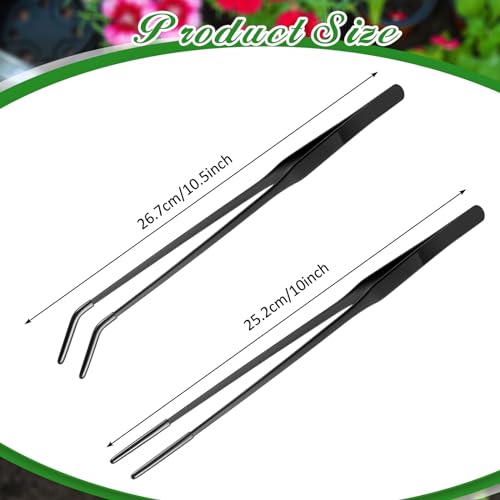 Lasnten 2 Pcs Extra Long Stainless Steel Reptile Feeding Tongs with Rubber Tip 10 Inch, 10.5 Inch Bearded Dragon Aquarium Straight and Curved Long Tweezer Terrarium Feeder Tool for Tank(Black) - color: Black, size: 10 Inch, 10.5 Inch