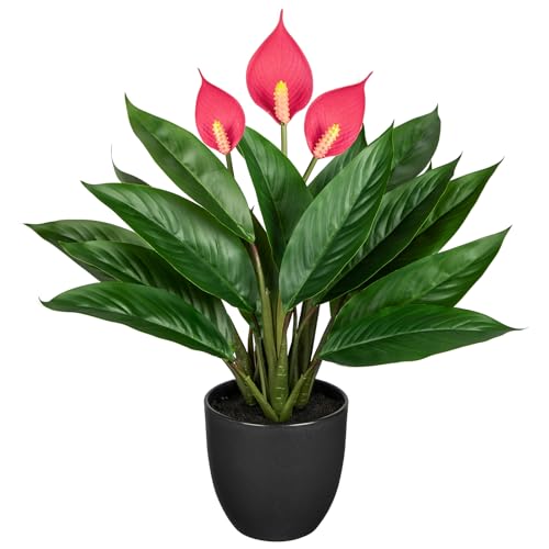 GnFlus 20'' Realistic Pink Anthurium Artificial Plant, Fake Potted Plants for Home Office Farmhouse Kitchen Bathroom Table Shelf Decor